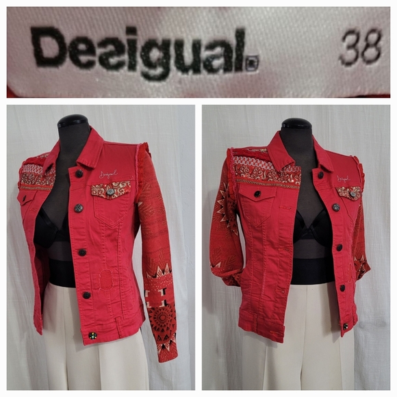 Desigual Jackets & Blazers - Desigual Red Embroidered Jean Jacket with Patterned Sleeves / 38